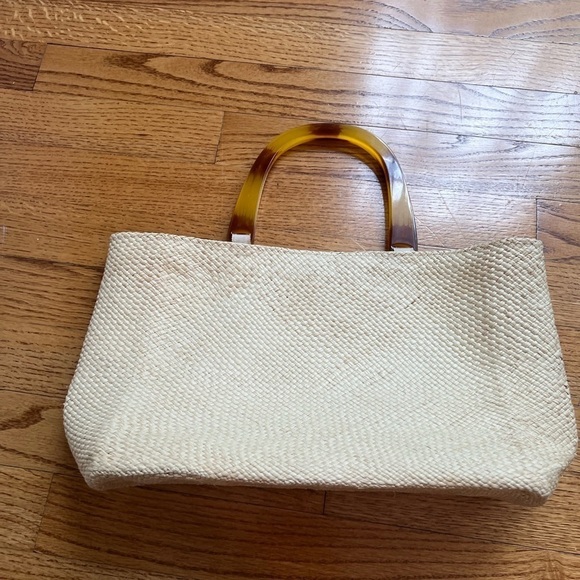 ANDREA STUART Vintage Straw Bag Embroidered Flowers W/ Beading Lucite Mini Tote - Picture 6 of 8